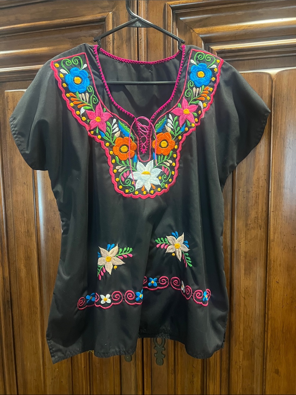 Black Embroidered Floral Peasant Top - Vibrant Multicolor Accents